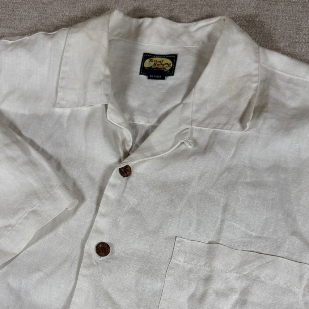 Tommy Bahama Button Up Mens L White 100% Linen Camp Shirt Short Sleeve Pocket